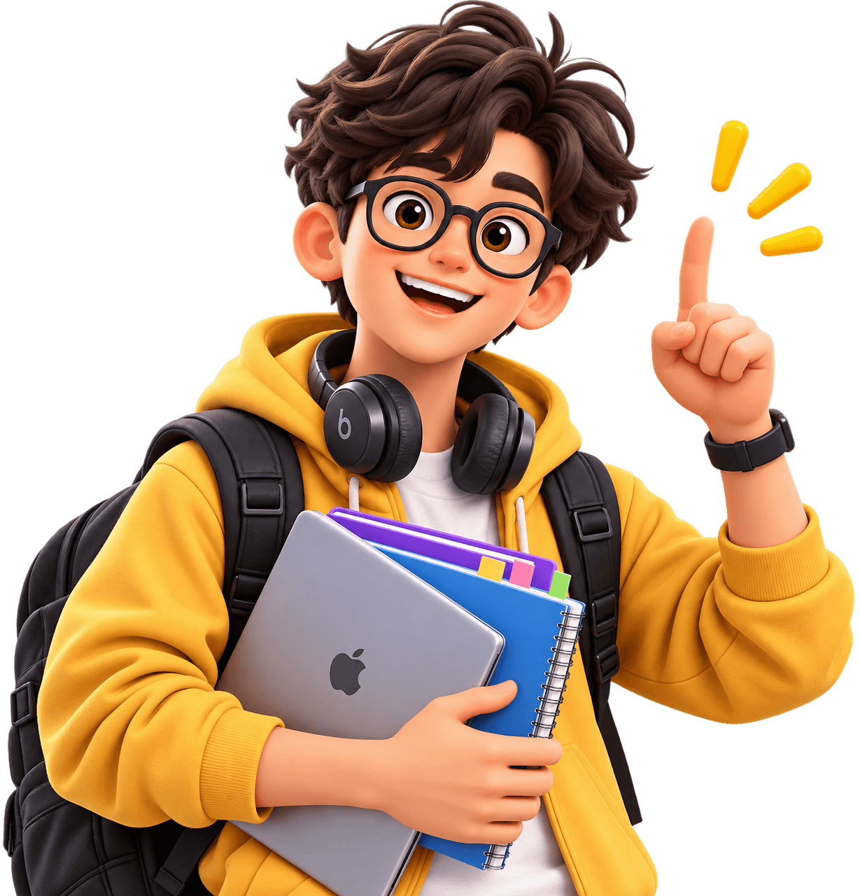 Student pointing upward with books