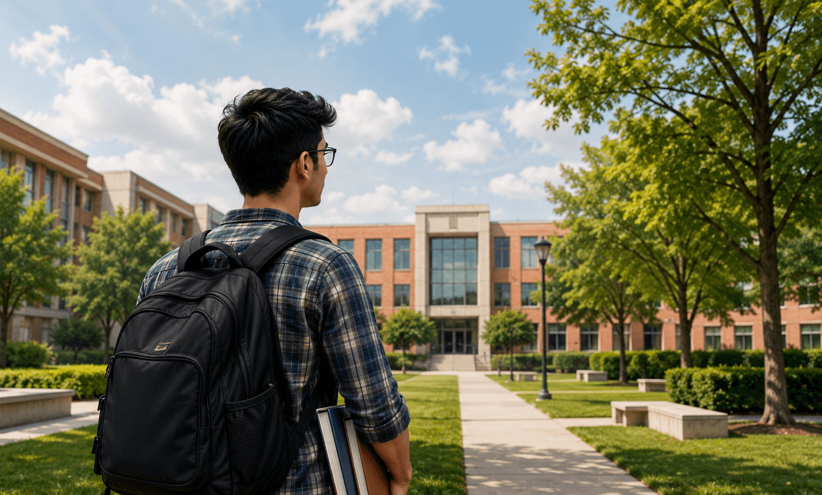 Student walking toward campus